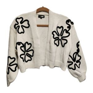 Anthropologie Saachi Cropped Cardigan Ivory With Black Floral Detail Size Small